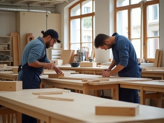 Atelier Collingarell à Lyon avec artisans fabriquant des meubles