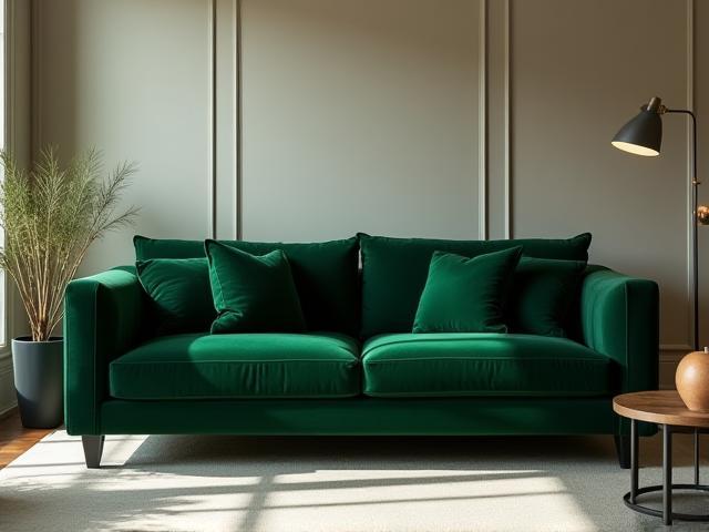 Canapé moderne en velours vert dans un salon élégant
