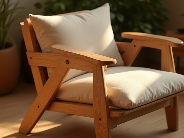 Fauteuil en bois naturel avec coussin en lin beige