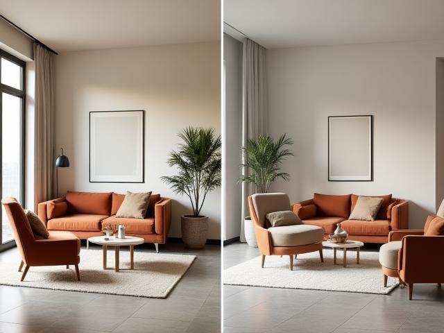 Salon contemporain avant et après transformation avec mobilier sur-mesure Collingarell